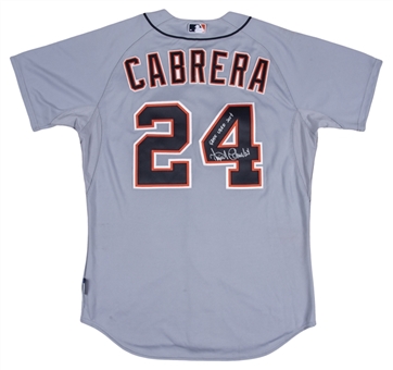 2014 Miguel Cabrera Game Used, Photo Matched, Signed & Inscribed Detroit Tigers Road Jersey Worn vs. Kansas City Royals on 5/3/14 and vs. Red Sox On 5/18/14 (MLB Authenticated, Sports Investors LOA)
